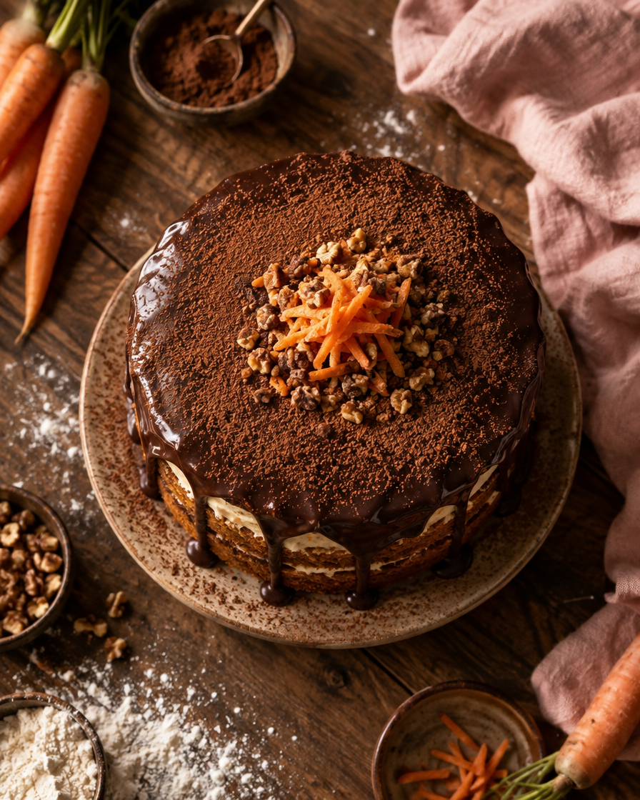 Bolo de cenoura com chocolate em mesa de madeira rústica