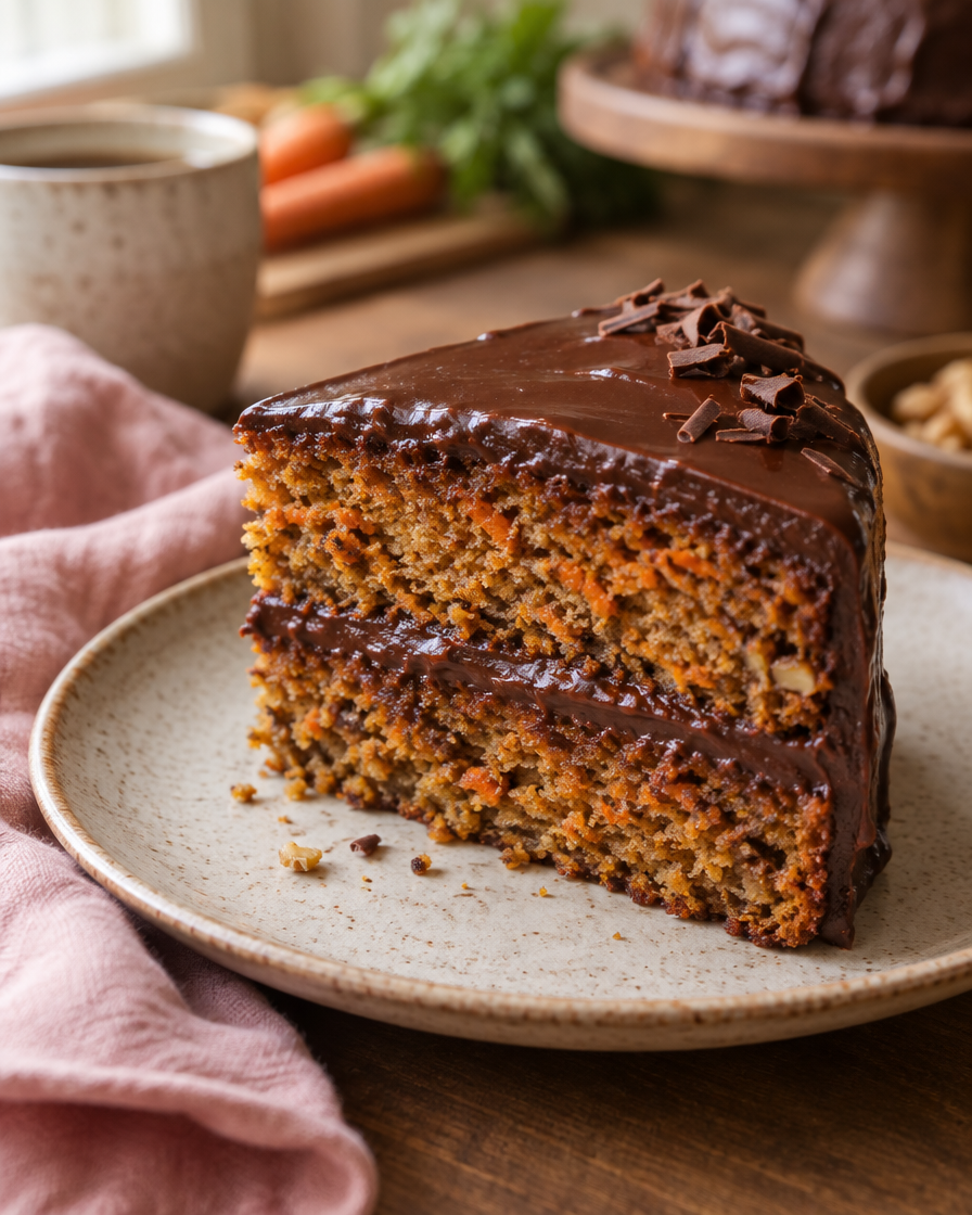 Fatia de bolo de cenoura com chocolate