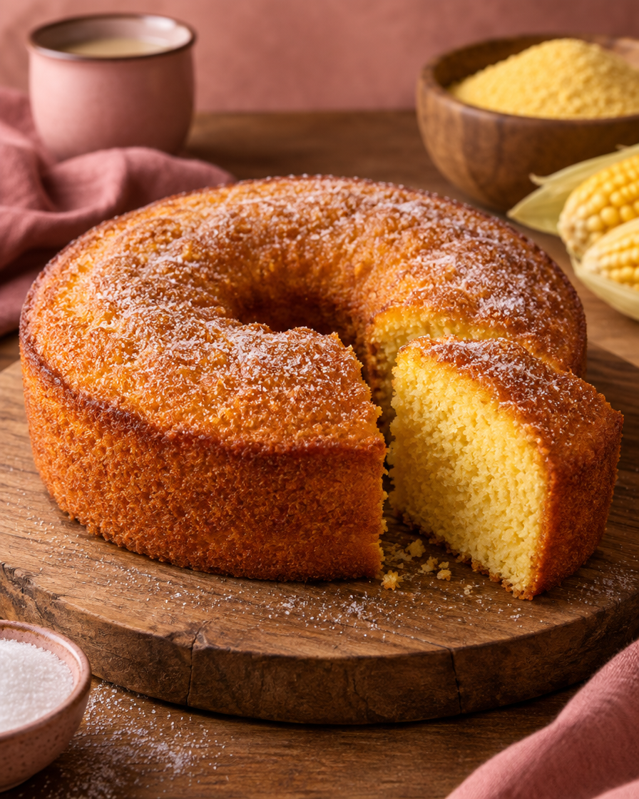Bolo de fubá caseiro em tábua de madeira